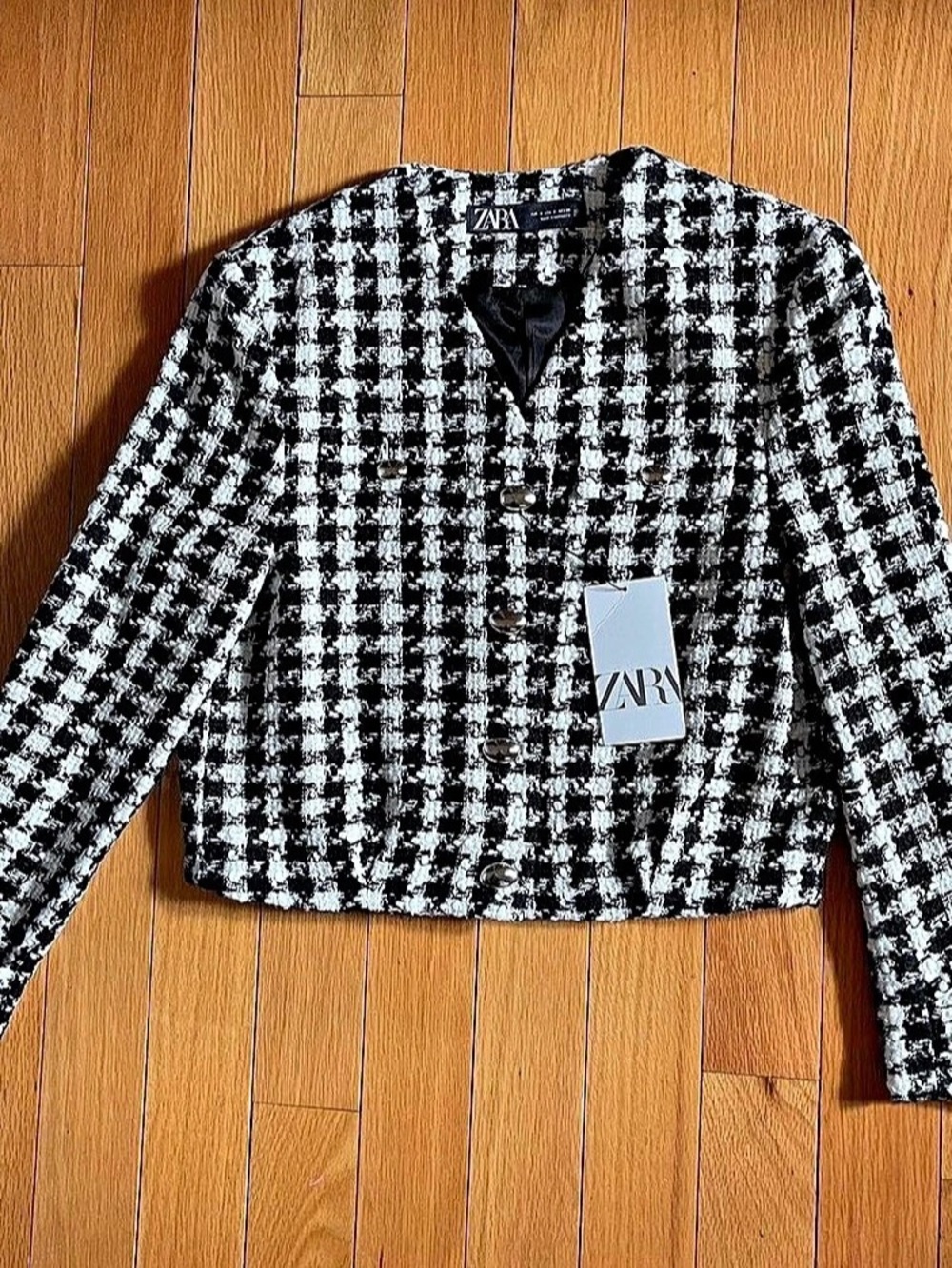 Zara Houndstooth Cropped Tweed Blazer in Black & White NWT